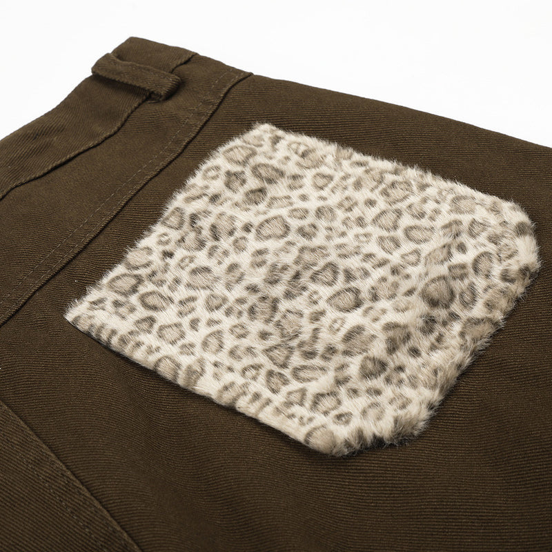 Men's Wide-Leg Cargo Pants with Leopard Fur Trim & Multi-Pocket Design