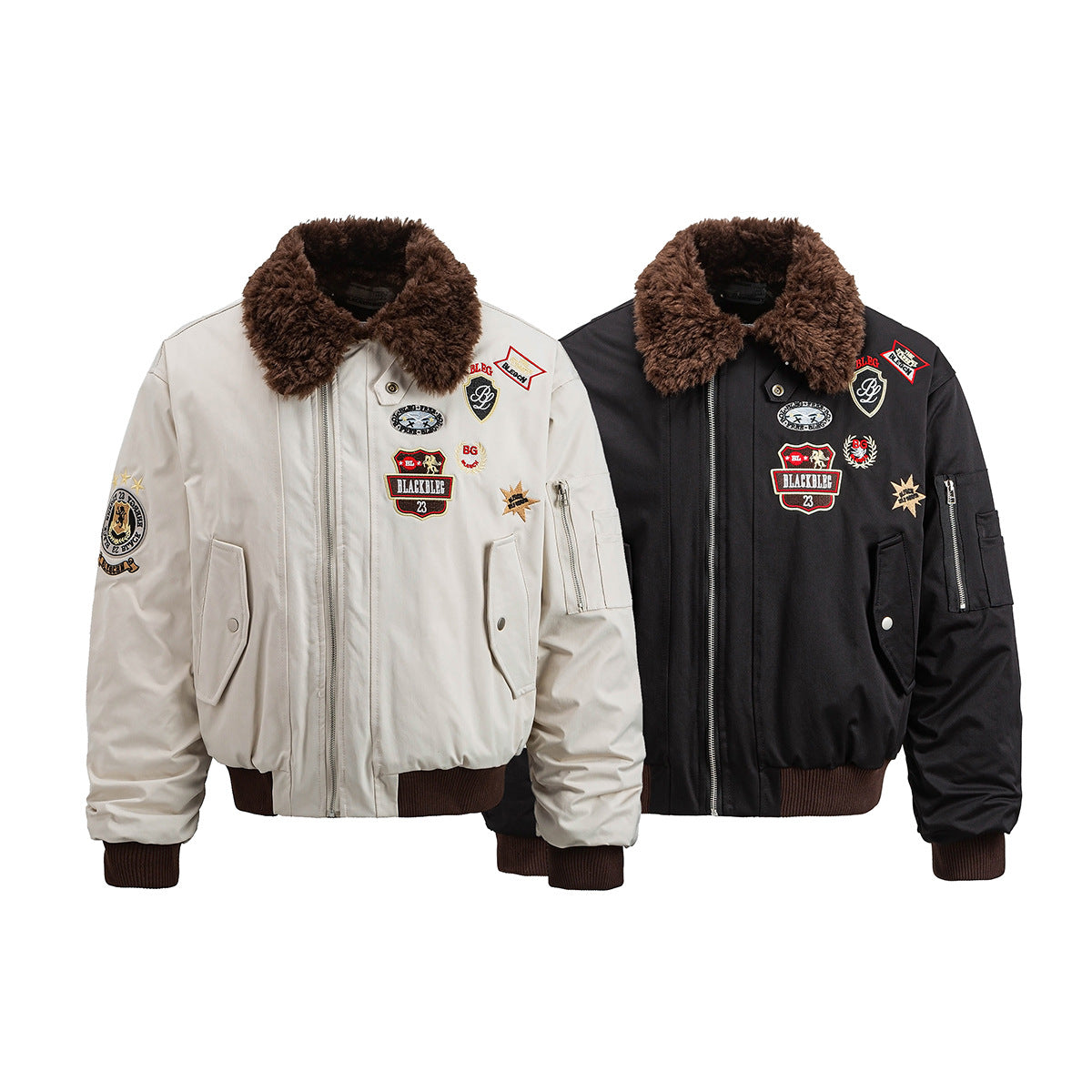 Patch Bomber Jacket with Shearling Collar – Quilted Lined Flight Jacket