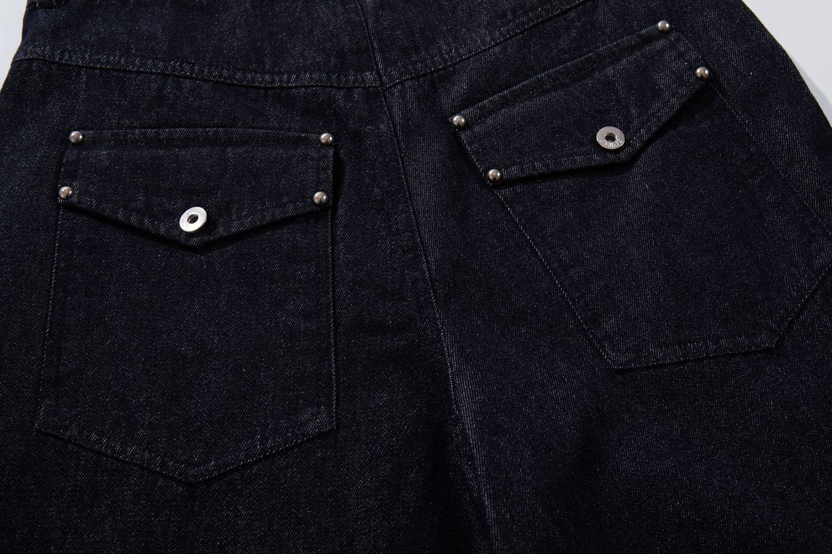 Conjunto de Cazadora Vaquera de Denim Índigo Sin Tratar y Vaqueros de Pierna Ancha con Cierres Metálicos