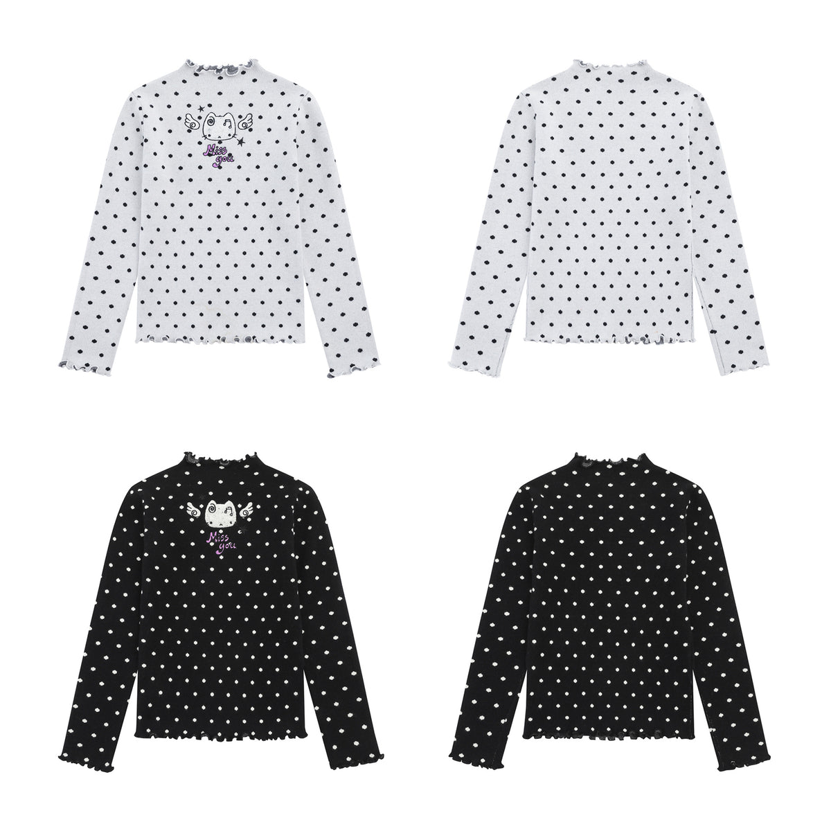 Polka Dot Mock Neck Knit Sweater Top with Cat Embroidery & Lettuce Hem
