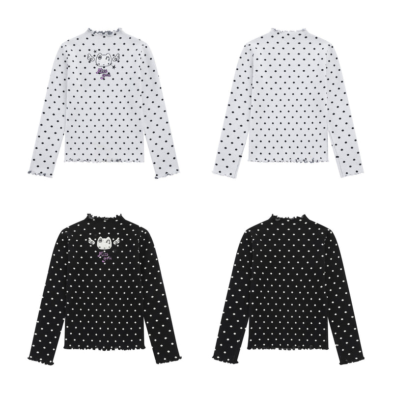 Polka Dot Mock Neck Knit Sweater Top with Cat Embroidery & Lettuce Hem