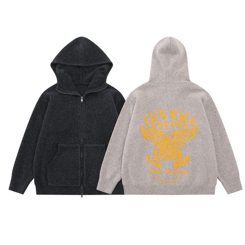 Knit Zip-Up Hoodie with Eagle Graphic Back — Relaxed Fit Streetwear Cardigan