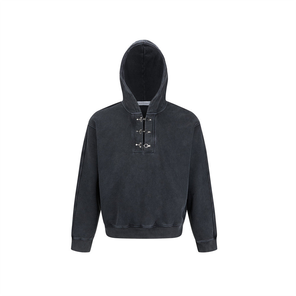 Men's Metal Clasp Pullover Hoodie – Oversized Washed Fleece Sweatshirt