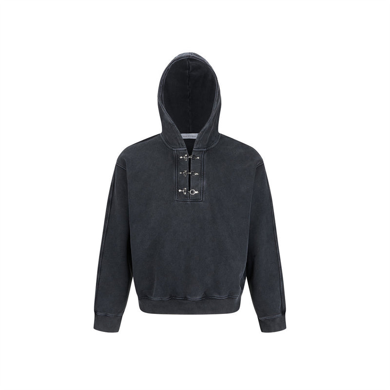 Men's Metal Clasp Pullover Hoodie – Oversized Washed Fleece Sweatshirt
