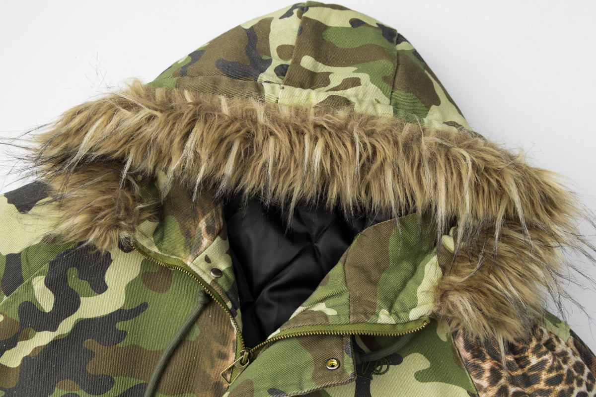 Camo Leopard Print Bomber Jacket with Faux Fur Hood