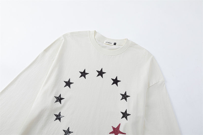 Men's Star Circle Print Long-Sleeve Crew Neck T-Shirt – Streetwear Graphic Tee