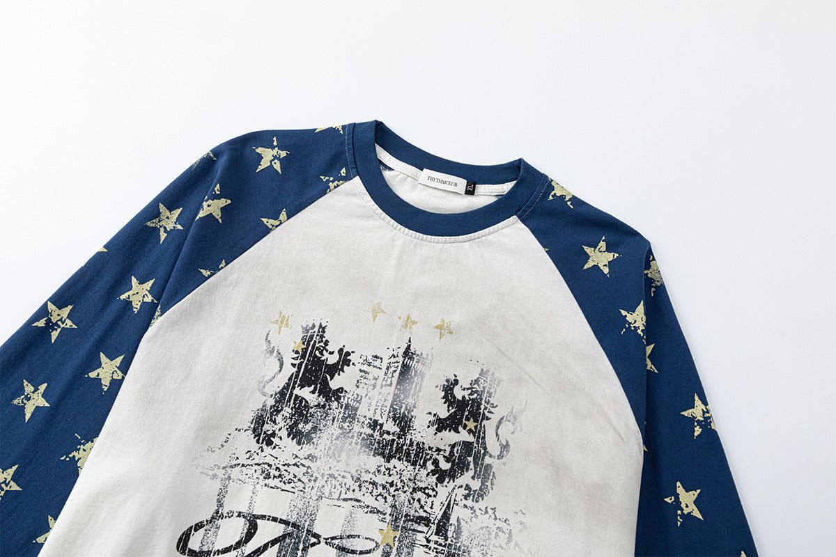 Long Sleeve Raglan Tee – Star-Print Sleeves & Vintage Heraldic Graphic