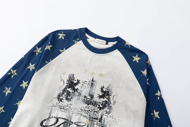 Long Sleeve Raglan Tee – Star-Print Sleeves & Vintage Heraldic Graphic
