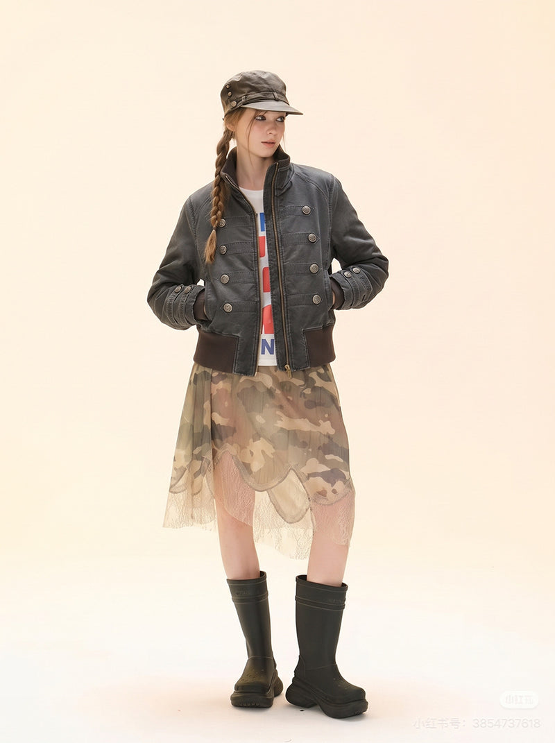Military-Style Padded Bomber Jacket – Stand Collar, Double-Breasted Buttons