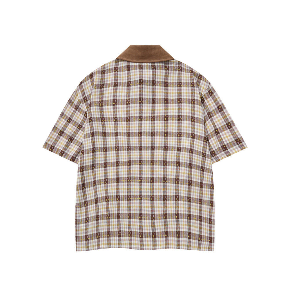 Cartoon Cat & Dog Patch Embroidery Plaid Short Sleeve Shirt
