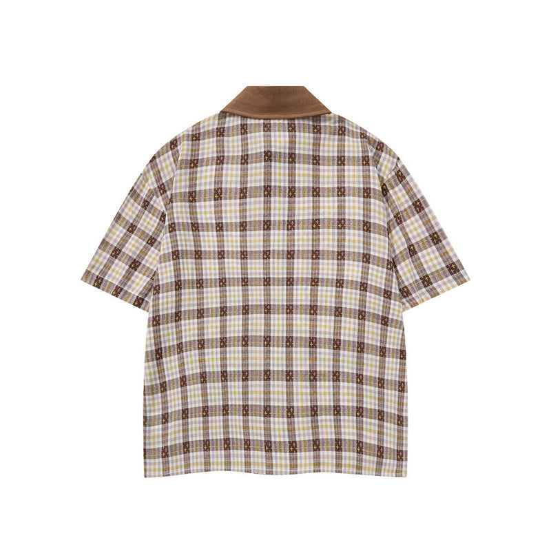 Cartoon Cat & Dog Patch Embroidery Plaid Short Sleeve Shirt