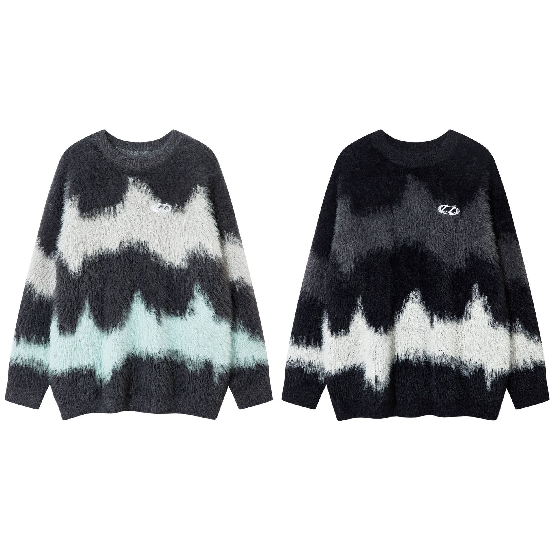 Pull oversize en maille douce et duveteuse, motif abstrait ondulé color block gris et noir, vues avant et arrière