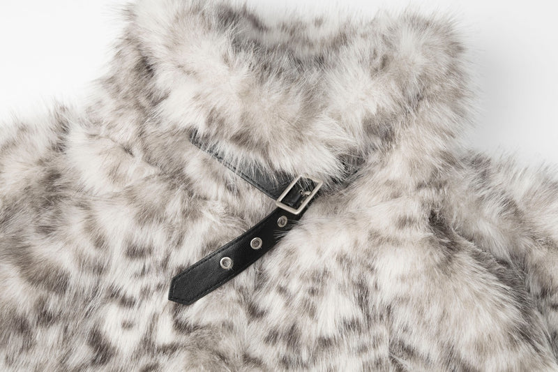 Faux Fur Leopard Print Jacket – Grey Snow Leopard Short Coat