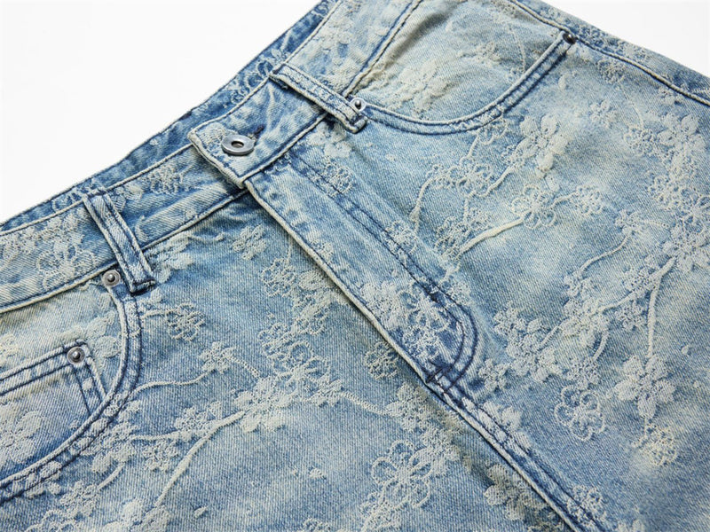 Loose Fit Wide-Leg Jeans – Floral Lace Embroidery, Washed Light Blue Denim