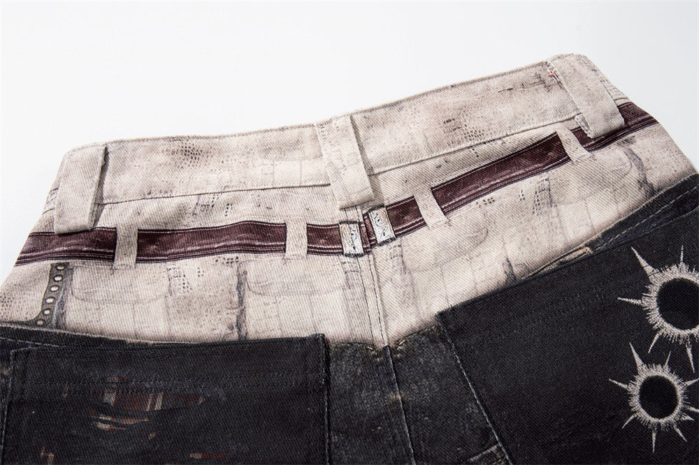 Wide-Leg Jeans with Faux Double Waistband, Rope Lace-Up & Distressed Patchwork