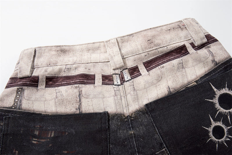 Wide-Leg Jeans with Faux Double Waistband, Rope Lace-Up & Distressed Patchwork