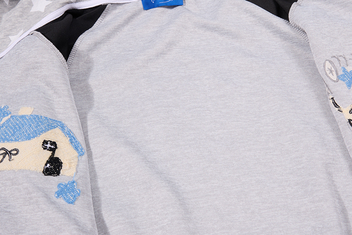 Sweat zippé à oreilles de chat – Corps à imprimé étoiles, manches raglan rayées et broderie