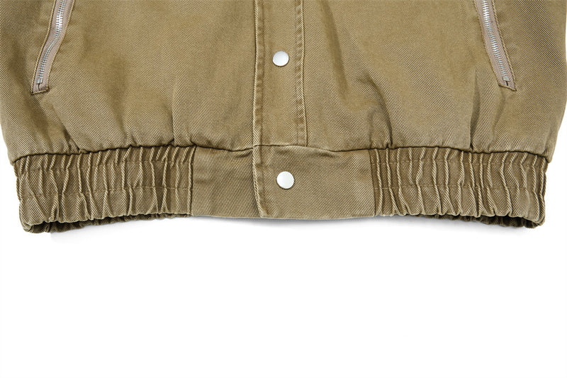 Men's Washed Denim Bomber Jacket – Oversized Fit, Double Collar & Zip Pockets