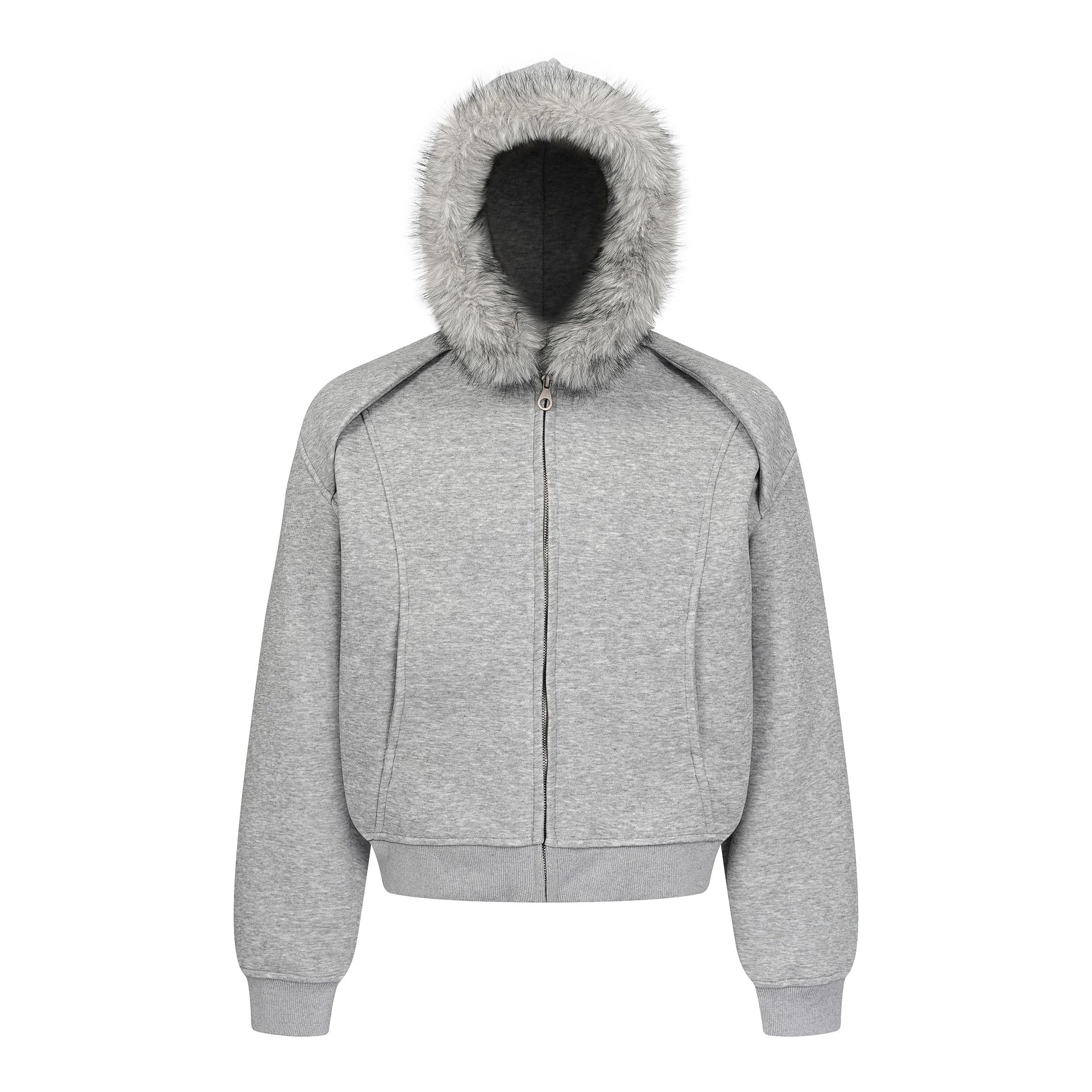 Oversized faux fur-trimmed zip-up hoodie bomber jacket in heather gray, front view
