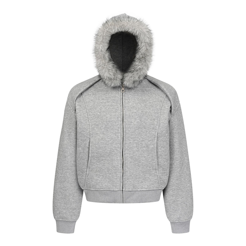 Oversized faux fur-trimmed zip-up hoodie bomber jacket in heather gray, front view