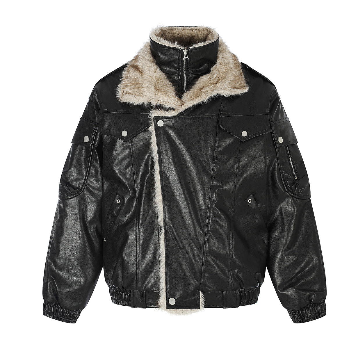 Faux Leather Fur-Lined Bomber Jacket – Cold Weather Motorcycle Jacket with
