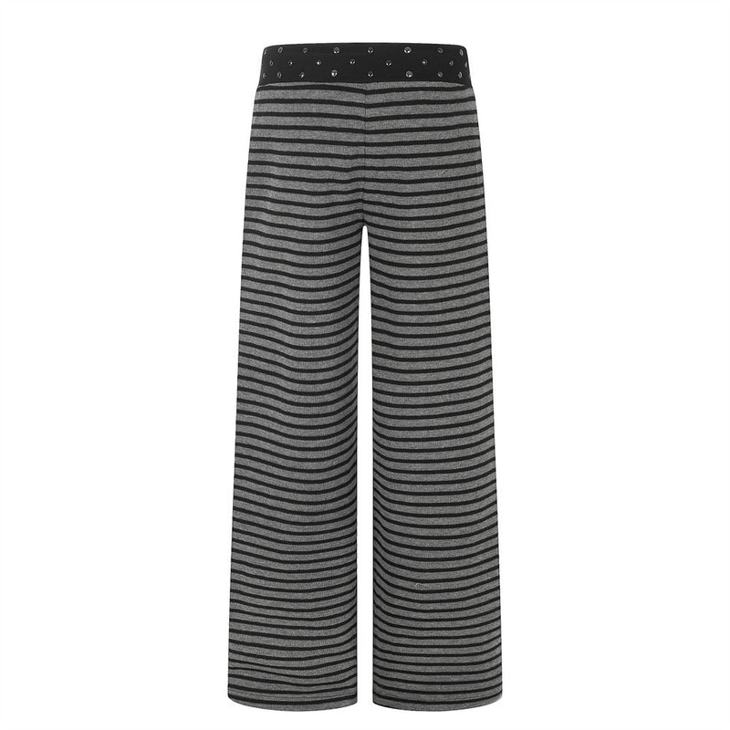 Black and gray striped wide-leg pants with studded waistband, back view