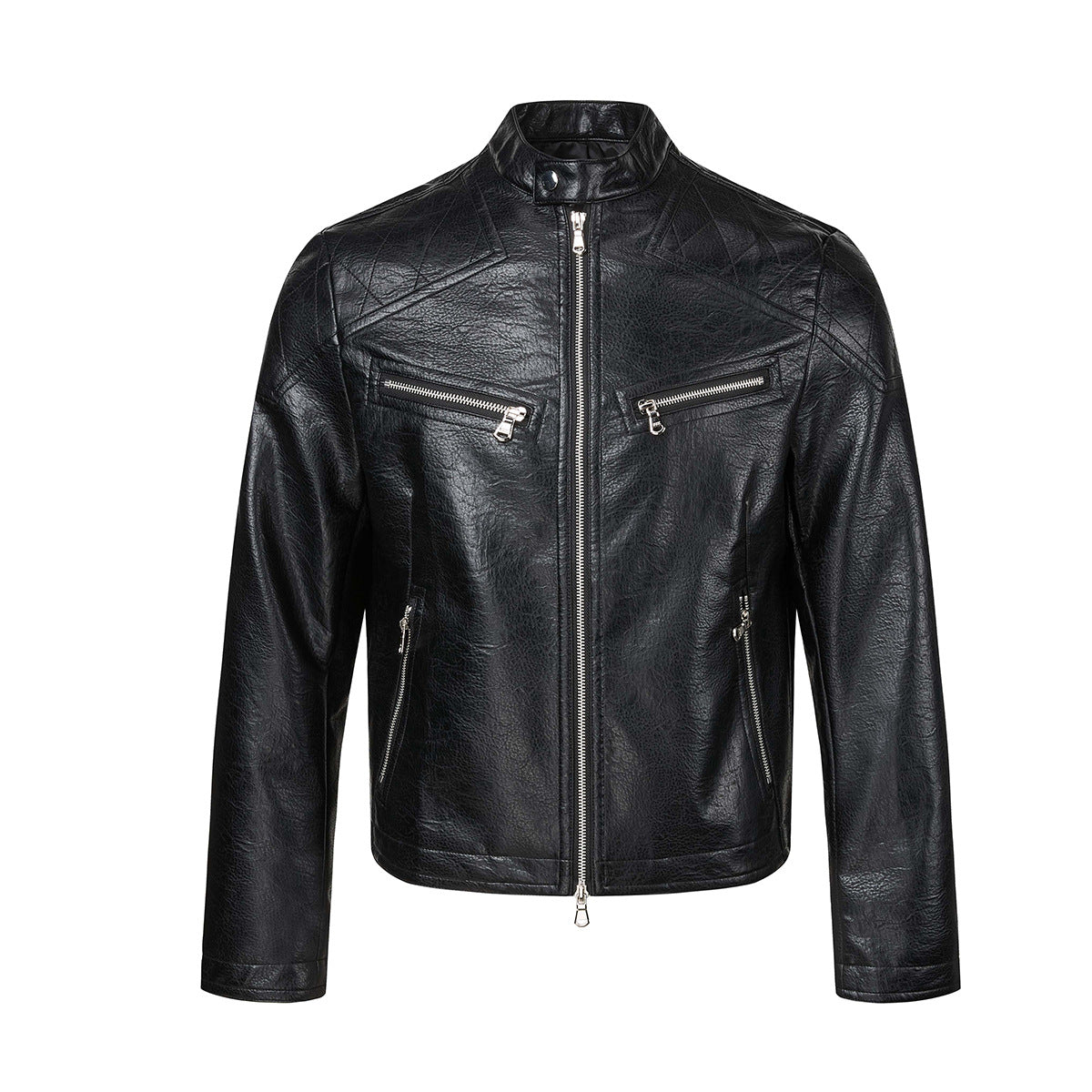 Men's faux leather moto biker jacket with stand collar, quilted shoulder panels, and silver zip pockets in black