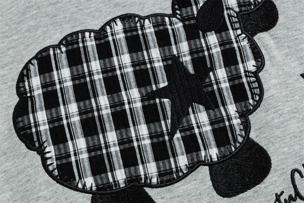 Layered-Look Plaid Collar Sweatshirt with Cartoon Sheep Appliqué