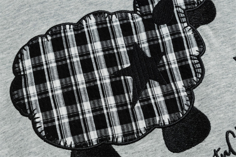 Layered-Look Plaid Collar Sweatshirt with Cartoon Sheep Appliqué