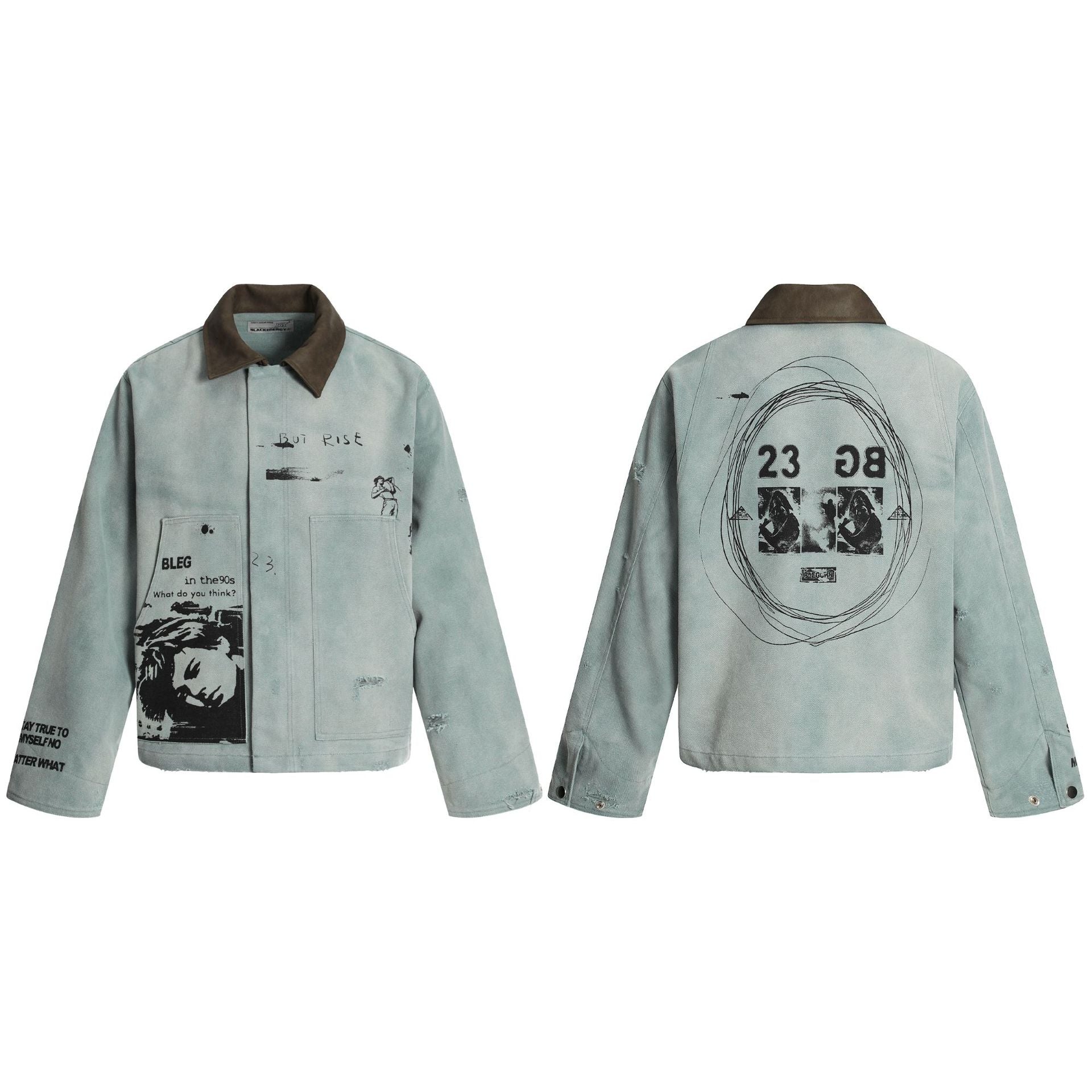 Veste workwear vintage en toile bleu-gris délavée, avec sérigraphies graphiques, col en daim marron foncé et détails usés