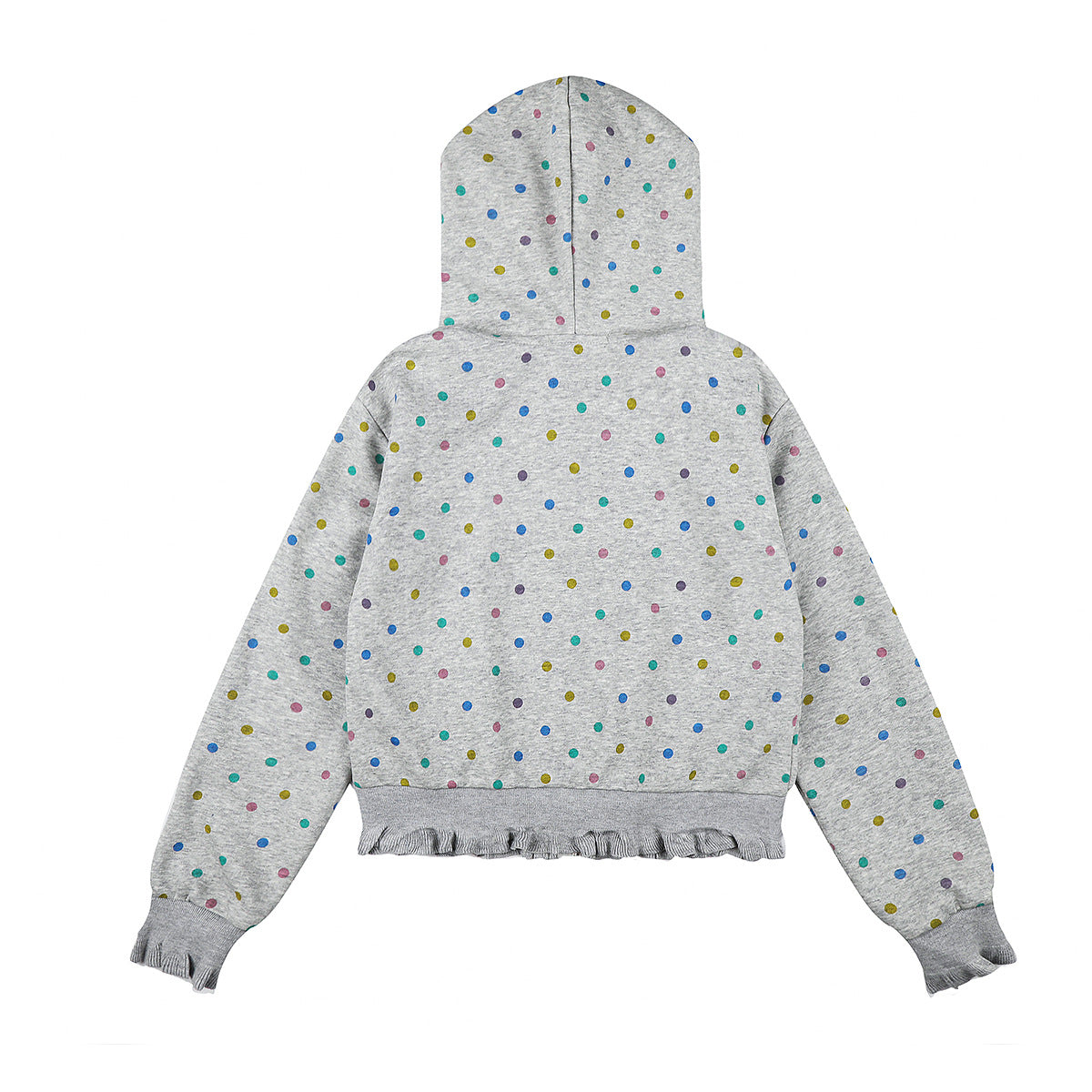 Sweat à capuche zippé pour femme – Sweat court gris à pois multicolores et volants
