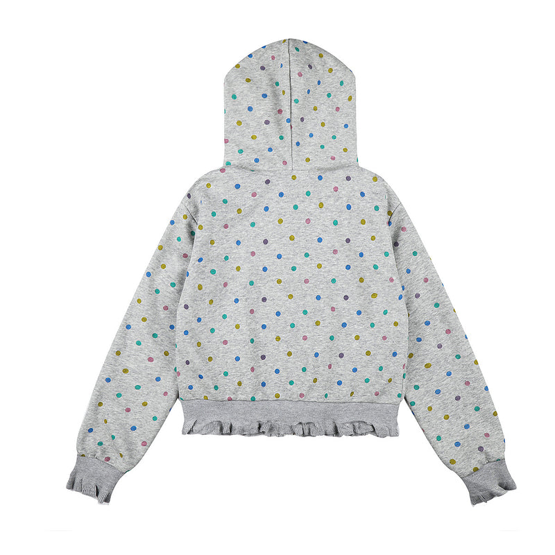 Sweat à capuche zippé pour femme – Sweat court gris à pois multicolores et volants