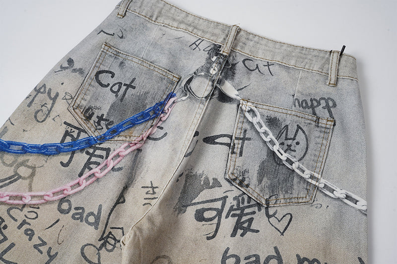 Wide-Leg-Jeans mit Graffiti-Print, Schlüsselanhänger-Anhängern und Deko-Ketten
