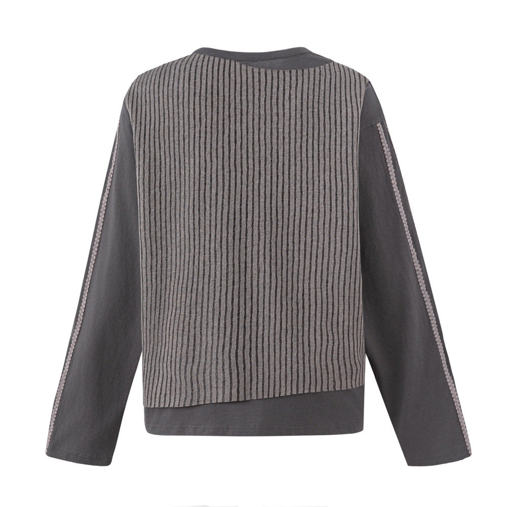 Irregular Faux Two-Piece Striped Long-Sleeve T-Shirt – Oversized Vintage