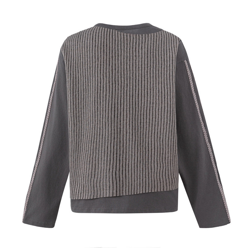 Irregular Faux Two-Piece Striped Long-Sleeve T-Shirt – Oversized Vintage