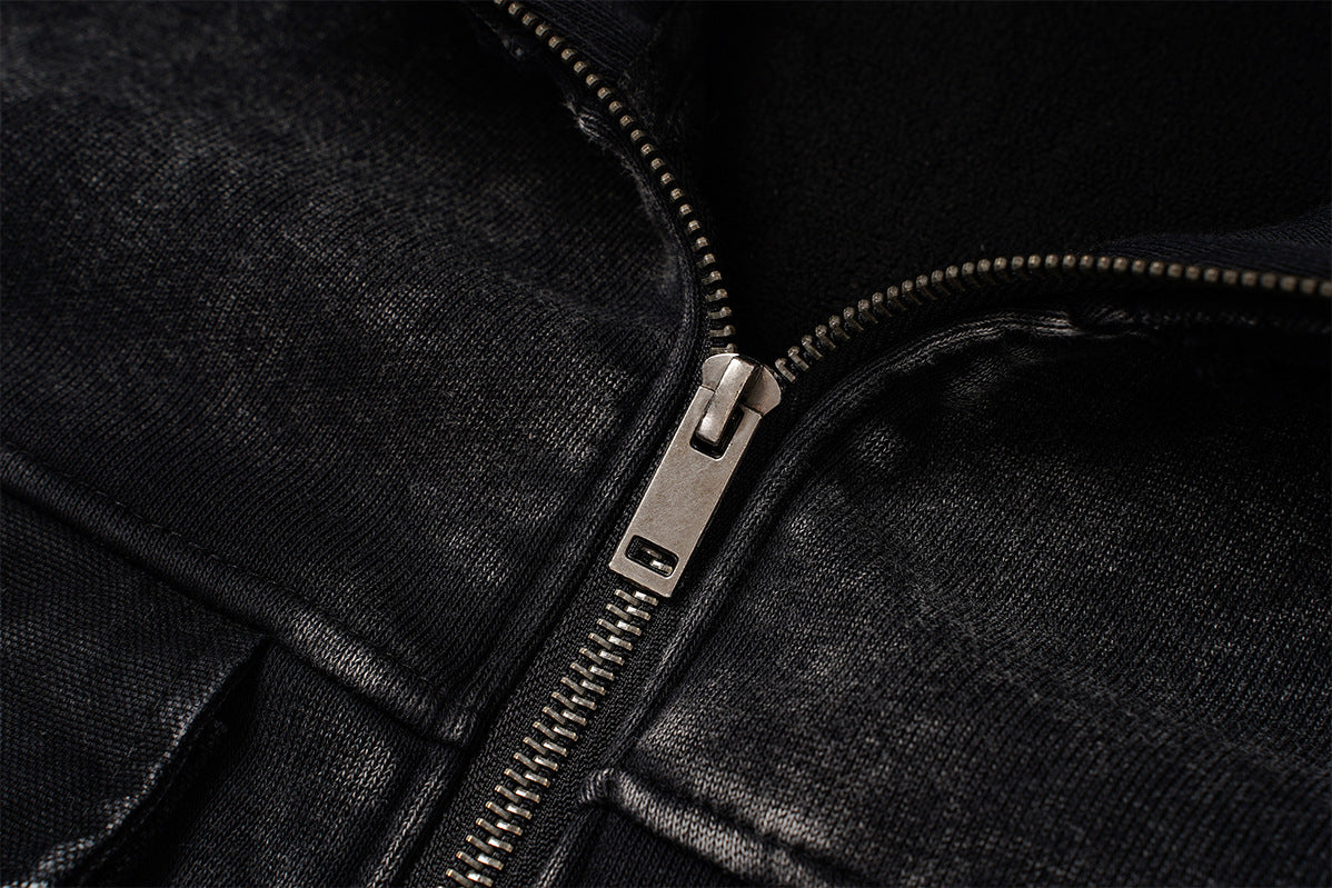 Vintage Washed Fleece-Lined Bomber Jacket – Boxy Fit Men's Zip-Up Outerwear