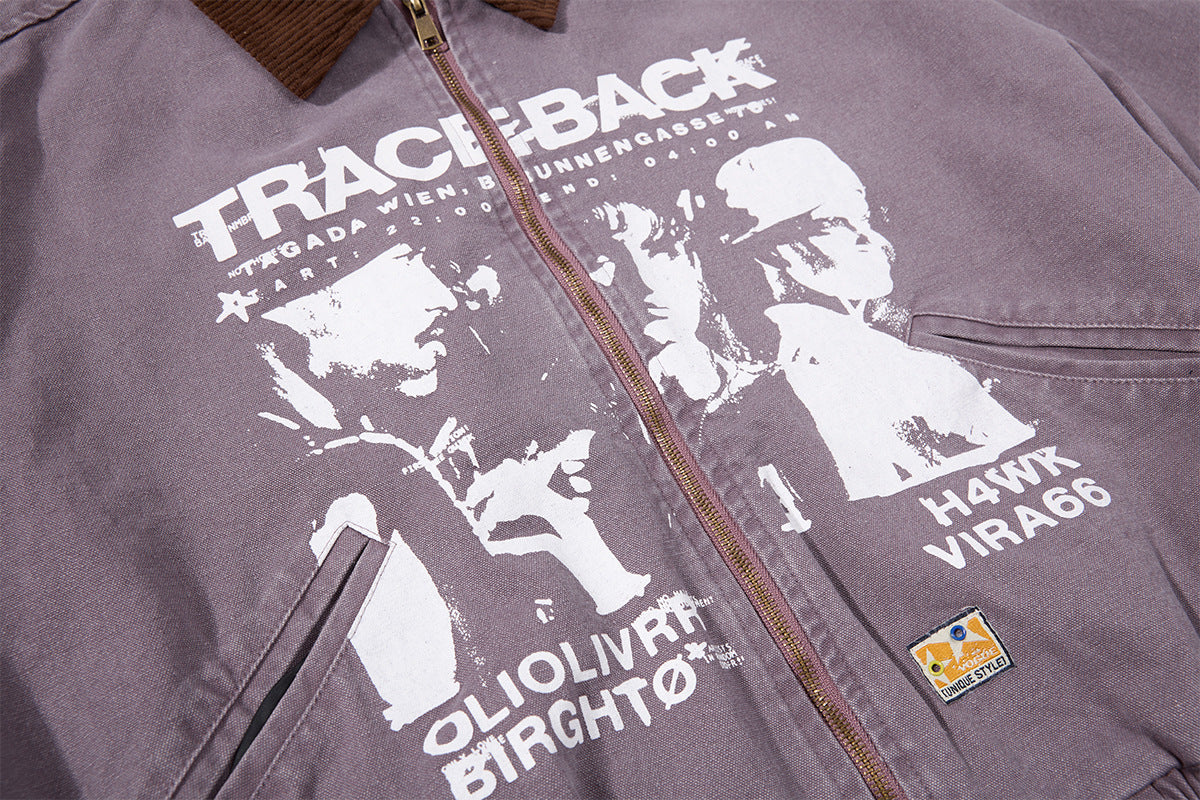 Traceback Graphic Washed Canvas Bomber Jacket with Corduroy Collar