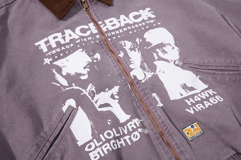 Traceback Graphic Washed Canvas Bomber Jacket with Corduroy Collar