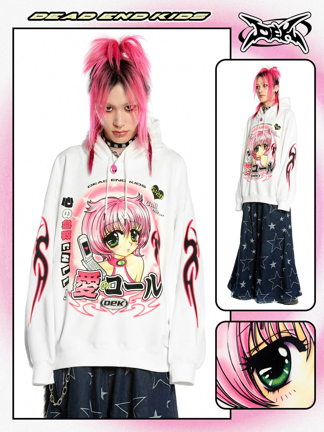 A person with pink hair dons a Seakoff Y2K Aesthetic Anime Hoodie featuring a Retro Manga Girl graphic and Kawaii Phone design, paired with a long, dark star-patterned skirt. The image is framed by a pink and white border.