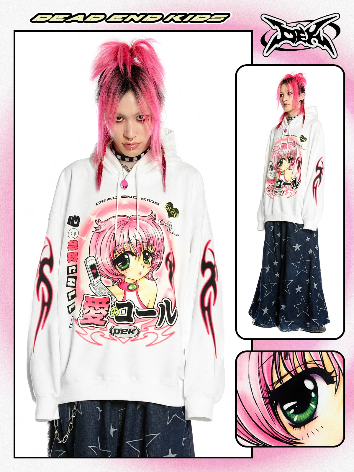 Y2K Aesthetic Anime Hoodie – Retro Manga Girl Graphic Pullover with Kawaii Phone Design