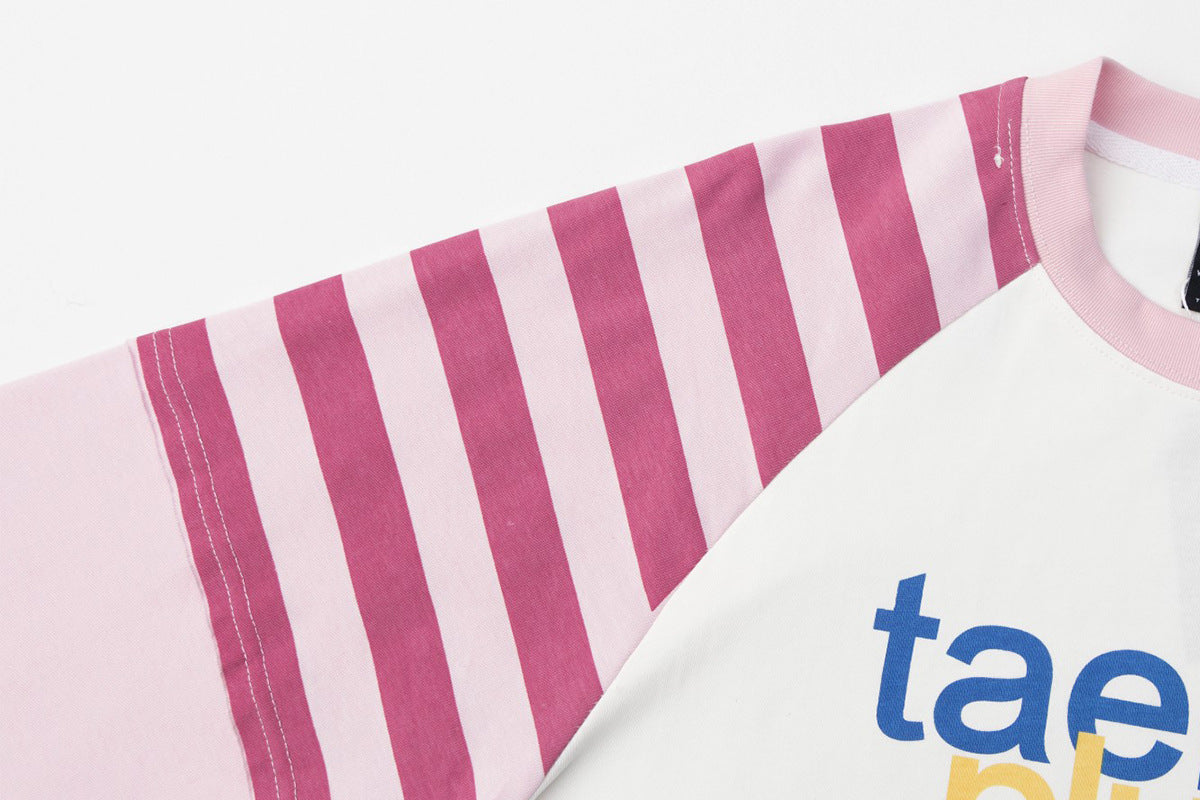 T-shirt baby tee manches longues colorblock à manches raglan, imprimé graphique – Pois et rayures