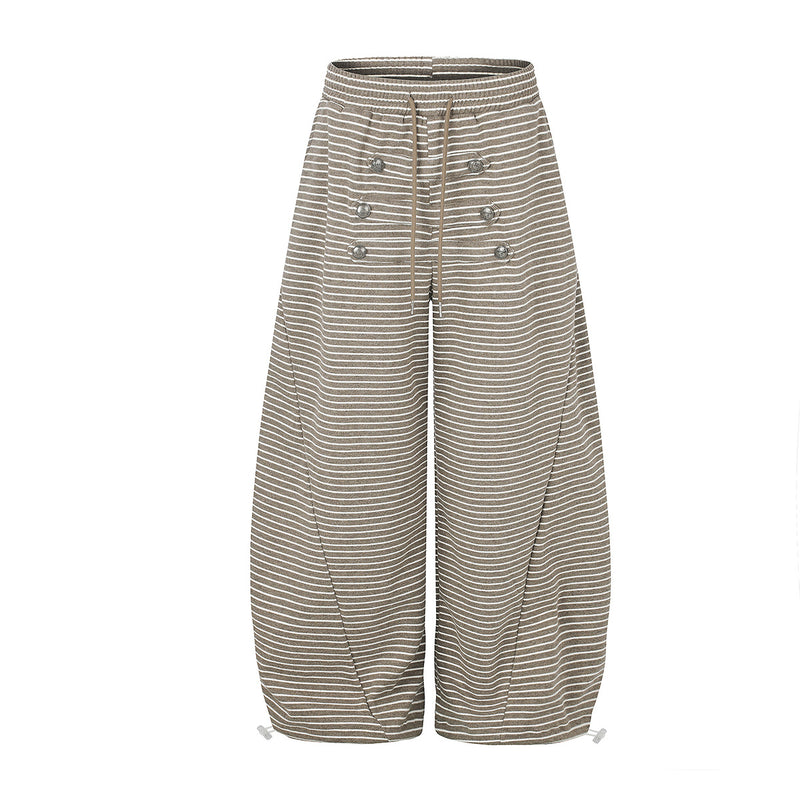 Wide-Leg Striped Sweatpants with Double-Button Detail & Drawstring Waist
