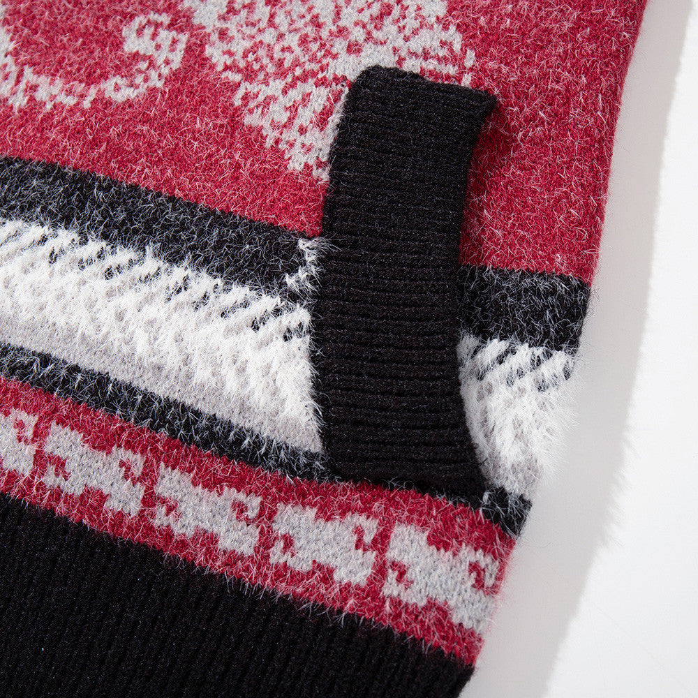 Jacquard-Strick-Cardigan mit Reißverschluss, Kapuze und Kunstfellkragen