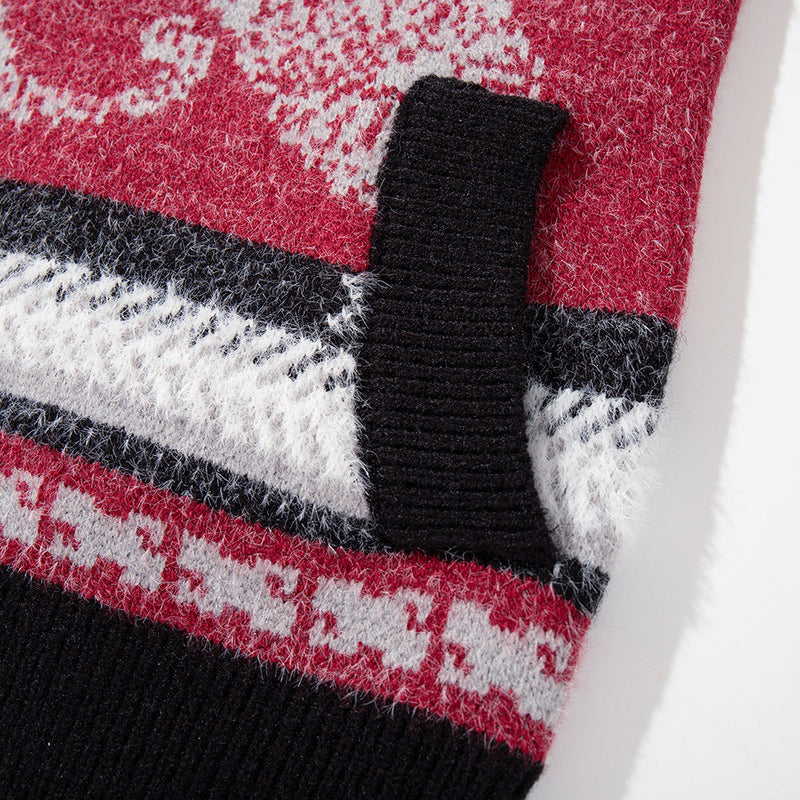 Jacquard-Strick-Cardigan mit Reißverschluss, Kapuze und Kunstfellkragen