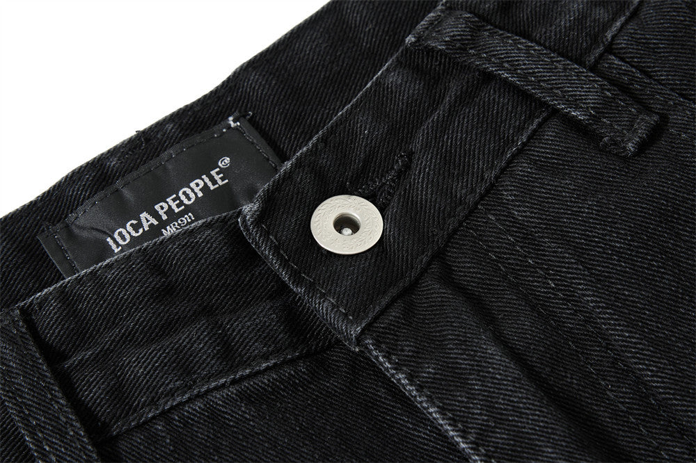 Wide-Leg Jeans Men – Washed Denim, Rhinestone Cross & Paint Splatter Detail