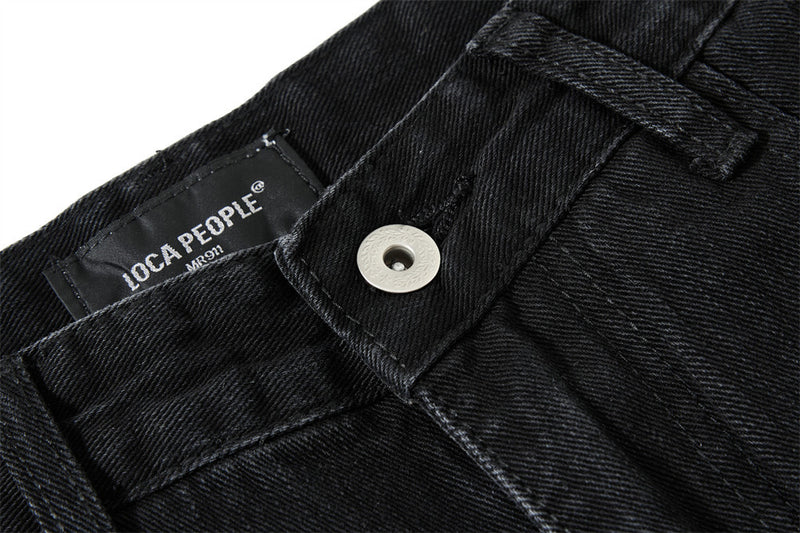 Wide-Leg Jeans Men – Washed Denim, Rhinestone Cross & Paint Splatter Detail