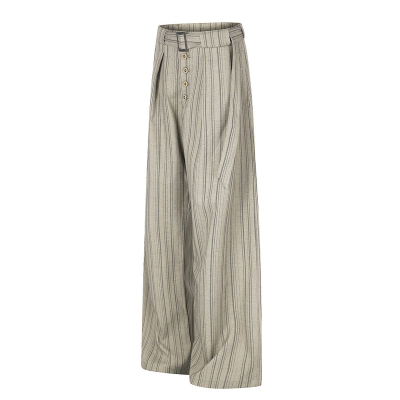 Men's Striped Wide-Leg Trousers with Button Fly and Belt