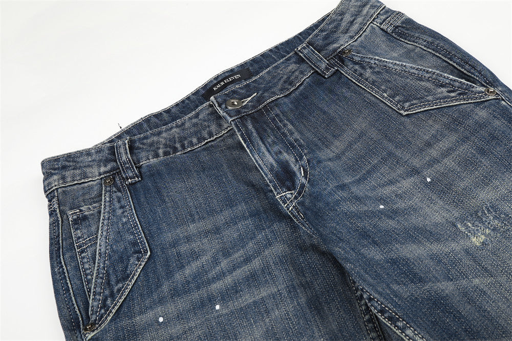 Punk Washed Distressed Flare Jeans – Men's Wide-Leg Denim with Paint Splatter &