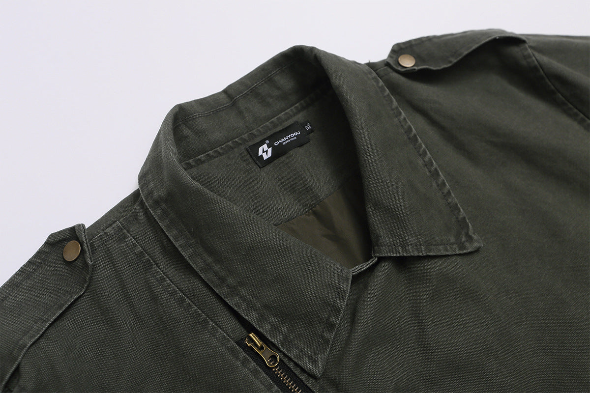 Men's Washed Asymmetric-Zip Moto Jacket with Epaulettes