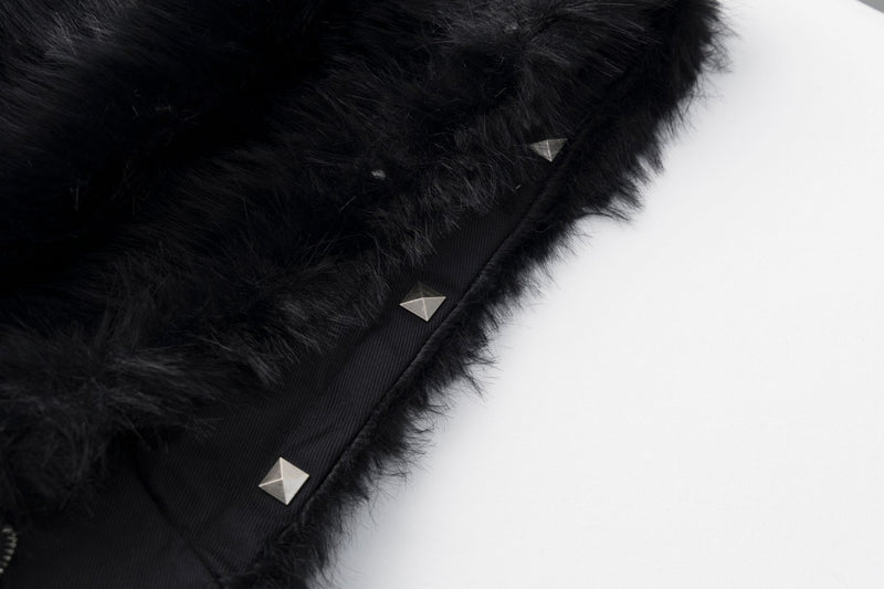 Faux Fur Hooded Bomber Jacket – Black with White Cross Patch